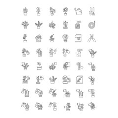 Houseplant caring pixel perfect linear icons set. Indoor gardening tools. Watering, fertilizing. Customizable thin line contour symbols. Isolated vector outline illustrations. Editable stroke