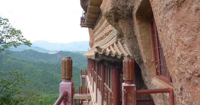 Maijishan Cave-Temple Complex corridor and ladder in Tianshui city, Gansu Province China. A mountain with religious caves on the Silk Road