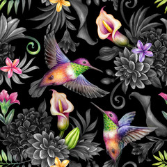 Panele Szklane  cyfrowa ilustracja botaniczna akwarela, kwiatowy wzór, dzikie tropikalne kwiaty, buczenie ptaków, czarne tło. Rajska noc w ogrodzie. Liście palmowe, hortensja, gerber, lilia kalia, plumeria