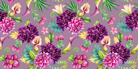 digital watercolor botanical illustration, seamless floral pattern, ornament, wild tropical flowers isolated on pink background. Paradise garden. Palm leaves, calla lily, plumeria, hydrangea, gerber