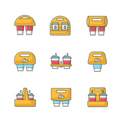 Paper cup holders RGB color icons set. Coffee to go packages. Take away hot caffeine drinks. Takeaway cardboard carriers for cups. Isolated vector illustrations