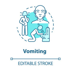 Vomiting concept icon. Stomach poisoning. Unwell patient near toilet. Gastritis and nausea. Flu symptom idea thin line illustration. Vector isolated outline RGB color drawing. Editable stroke