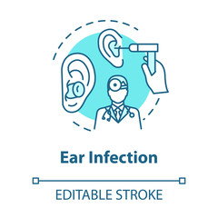 Ear infection concept icon. Diagnosis for otitis. Hospital treatment. Medical checkup. Otolaryngology idea thin line illustration. Vector isolated outline RGB color drawing. Editable stroke
