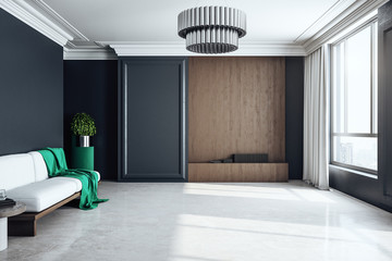 Cozy living interior with sofa and megapolis city view.