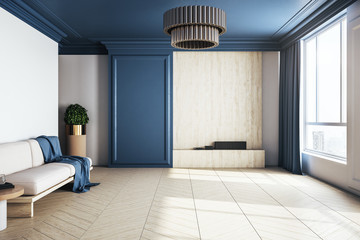 Clean living room interior with sofa and megapolis city view