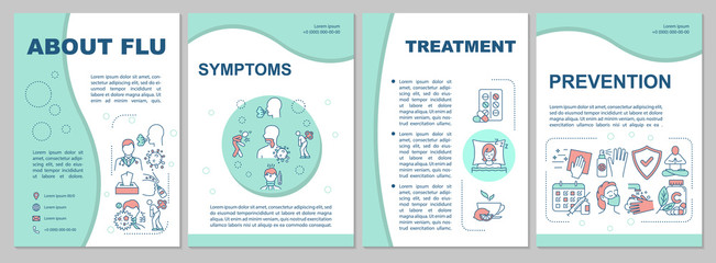 About flu brochure template. Influenza symptoms. Disease awareness. Flyer, booklet, leaflet print, cover design with linear icons. Vector layouts for magazines, annual reports, advertising posters - obrazy, fototapety, plakaty
