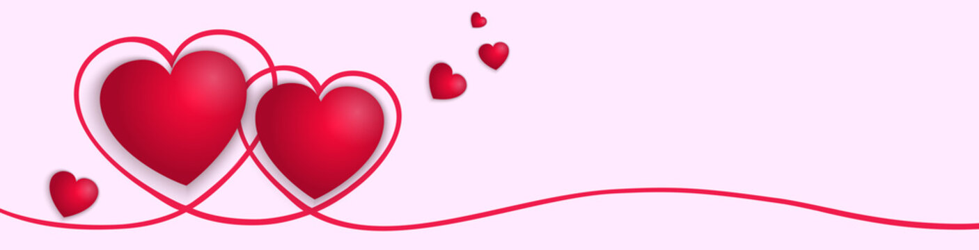 Fototapeta Continuous line in heart shape border with two beautiful volumetric realistic hearts with shadows on pink background for valentines, women, mother day greeting invitation - stock vector