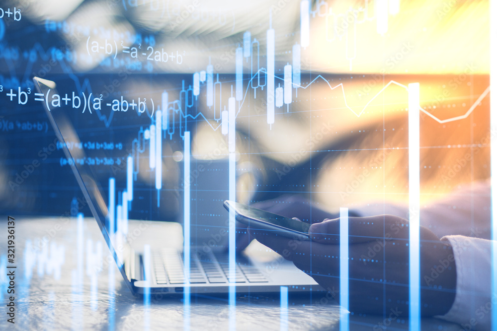 Poster Hand using smartphone with abstract business chart hologram.