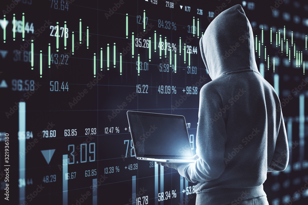 Poster Hacker using laptop with glowing stock chart