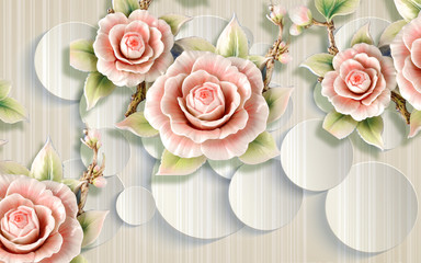 3d wallpaper big pink flowers with circles background