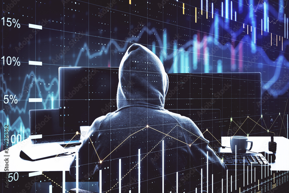 Poster Hacker sitting in office and using computer with chart