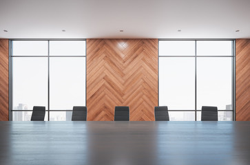 Meeting office room with city view and gray table