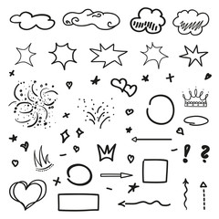 Outlined elements. Symbols on isolation background. Sketchy signs on white. Hand drawn infographic elements. Black and white illustration