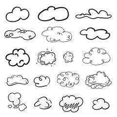Clouds on isolation background. Doodles on white. Hand drawn line art. Black and white illustration. Nature concept