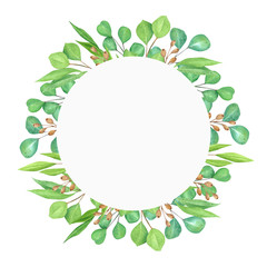 Decorative floral wreath. Hand drawn watercolor eucalyptus leaves. 