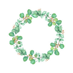 Decorative floral wreath. Hand drawn watercolor eucalyptus leaves. 