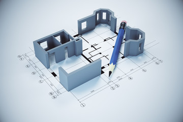Blueprint, pencil and house model on gray table.