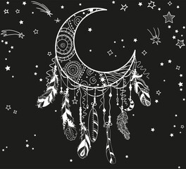 White dreamcatcher with stars on black. Abstract ornate object. Design for spiritual relaxation for adults - obrazy, fototapety, plakaty
