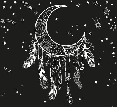 White dreamcatcher with stars on black. Abstract ornate object. Design for spiritual relaxation for adults