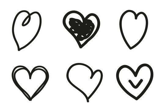 Grunge black hearts on isolated white background. Shape of heart. Black and white illustration