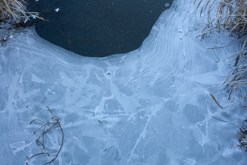 Beautiful texture of frozen water. Ice surface on the river. Natural background of a cold shade....
