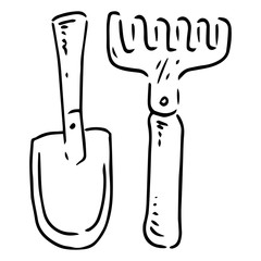 Set of gardening tools icon. Vector illustration of a shovel and rake. Hand drawn garden rake and shovel.