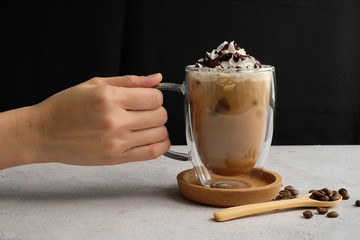 Coffee cup and beans top view with copyspace . flat lay latte for menu, background, banner and advertisement. brew caffeine drink and modern style.