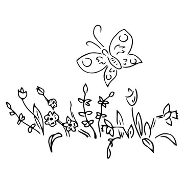 Butterfly over spring flowers doodle. Vector illustration of spring flowers with butterfly. Hand drawn.