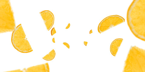 Orange fruit texture. Tangerine citrus slices flight in air with clipping path.
