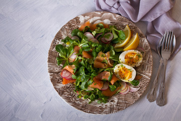 Salmon egg radish and lamb leaves salad. Healthy diet food. View from above, top view
