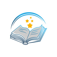 Open book with thick book cover and black soft stars flying out. Isolated on white background