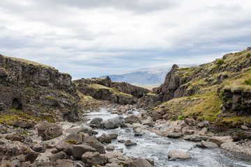 Small waterfall in Grjota river in Hornafjordur in Iceland
