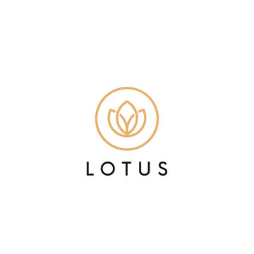 Linear Lotus Logo Vector Design. Flower Circle Icon. Yoga Logotype.