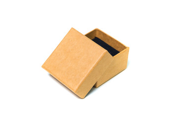 Empty opened brown small cardboard box with lid for mock up isolated on white.