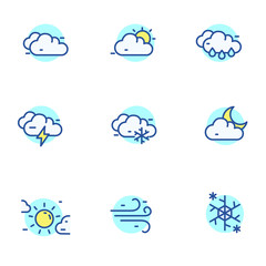 Set of clouds and weather icons in linear color style isolated on white background 