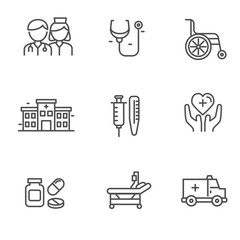Set of healthcare related icons in black line design isolated on white background 