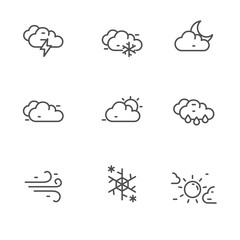 Set of clouds and weather icons in thin black line style isolated on white background 