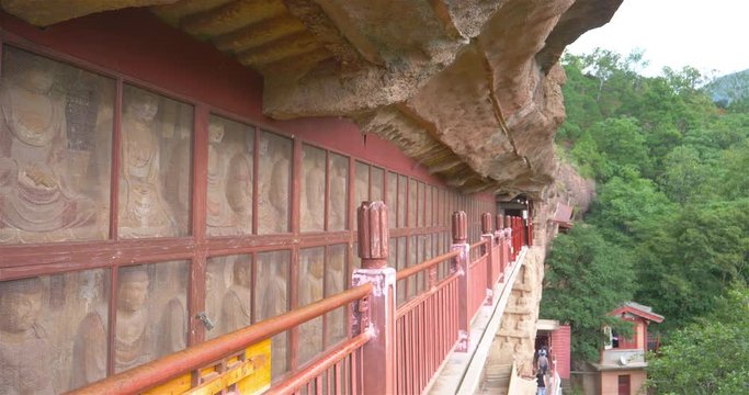 Maijishan Cave-Temple Complex corridor in Tianshui city, Gansu Province China. A mountain with religious caves on the Silk Road