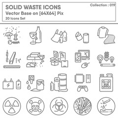 Garbage Category and Solid Waste Icon Set, Icons Collection of Garbages Recycle and Hazard Warning Symbol. Renewable for Environmental Sustainable Concept Design.