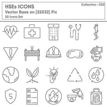 HSEs and Hazard Symbol for Construction Industry Icon Set, Icons Collection of Health Safety Environment and Security. Industrial Risk Management for Hazard Protection, Vector Illustration Design.