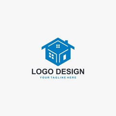 Real estate logo design. House cube abstract symbol. Outline home icon vector.