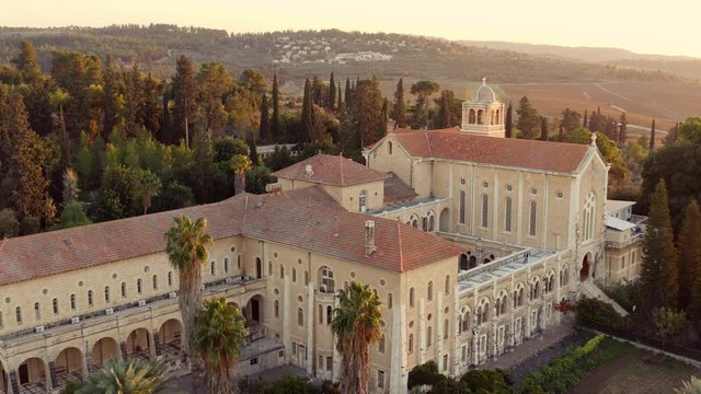 Latrun silencers monastery in Israel, 4k aerial drone sunset