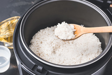 Multicooker with boiled rice, closeup