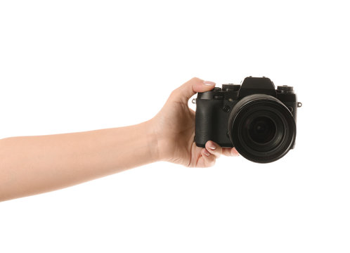 Female Hand With Photo Camera On White Background