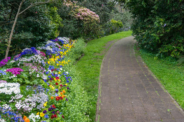 Obraz premium Spring park alley with colorful blooming flowerbeds and green grass