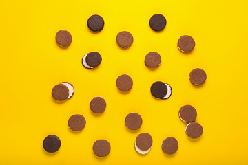 Tasty chocolate cookies on color background