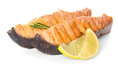 Tasty cooked salmon on white background