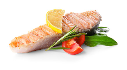 Tasty cooked salmon on white background