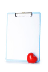 Clipboard with paper sheet and heart on white background. Cardiology concept