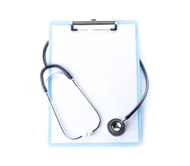 Clipboard with stethoscope on white background. Cardiology concept
